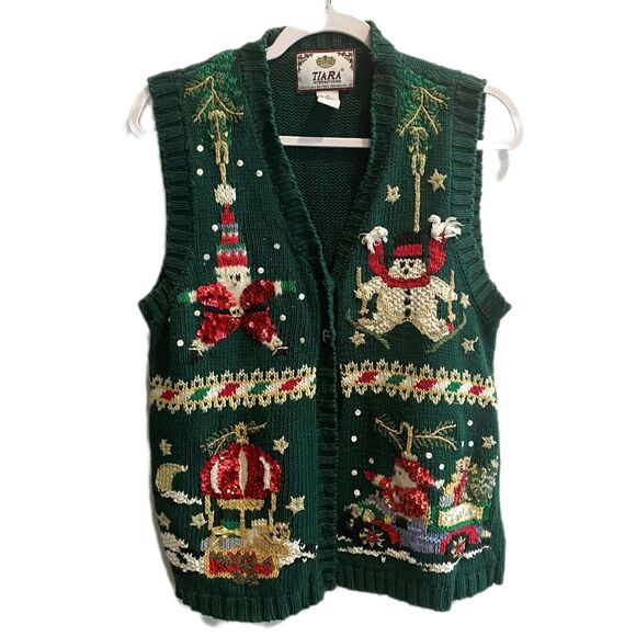 TIARA Vtg Christmas Vest Santa Snowman Sequins Embroidered Green M Women Novelty - Picture 1 of 15